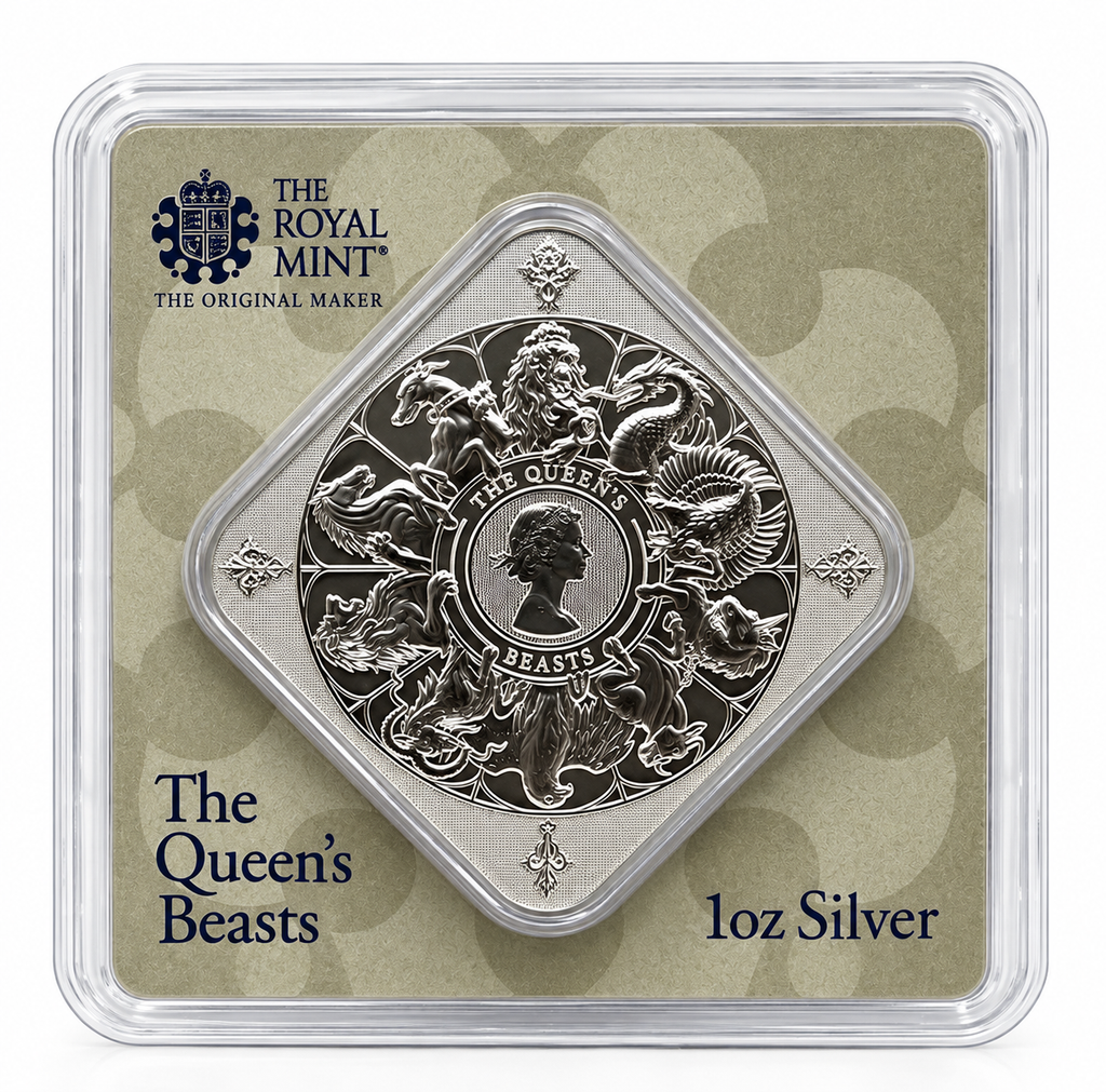 Royal Mint Queen's Beasts 1 oz silver bar in branded blister pack