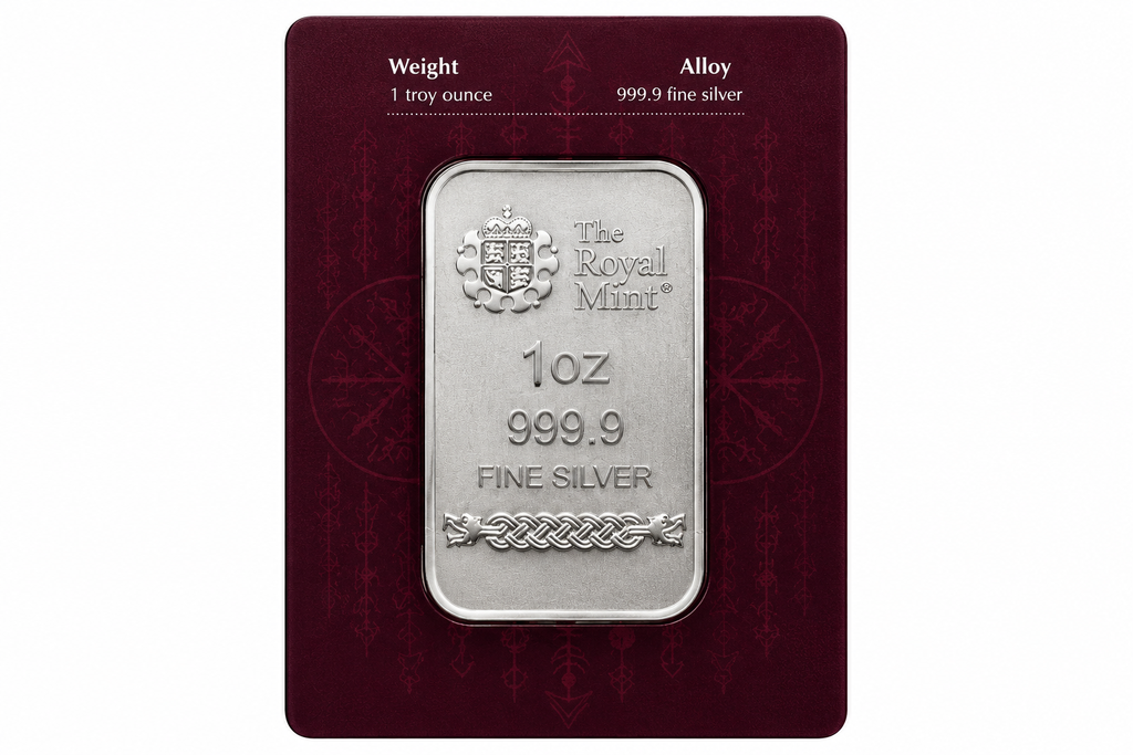 Royal Mint x Germania Mint Norse Gods Loki 1 oz silver bar reverse in Cardbar packaging