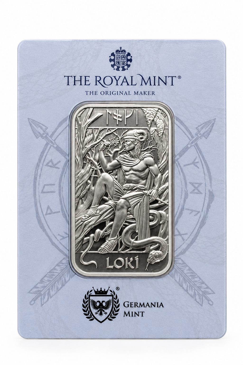 Royal Mint x Germania Mint Norse Gods Loki 1 oz silver bar front in Cardbar packaging