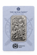 Royal Mint x Germania Mint Norse Gods Loki 1 oz silver bar front in Cardbar packaging